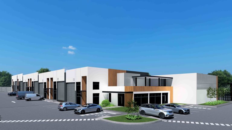 Vista arquitectónica de ofibodegas contemporáneas con espacios de carga oficinas y estacionamientos diseñadas para inversión logística e industrial