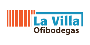 Logo for la villa ofibodegas with orange vertical bars and a blue outlined box around the text la villa in blue and ofibodegas in brown