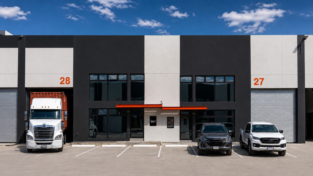 Front view of a modern industrial building with loading bays 28 left and 27 right a white semi truck at 28 and two parked vehicles in front with an orange awning over the entrance