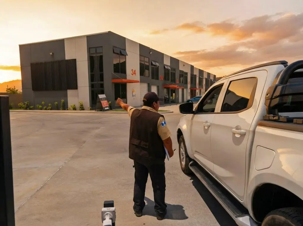 A man in a uniform signals the driver of a white pickup truck in a parking lot at sunset near a modern industrial building