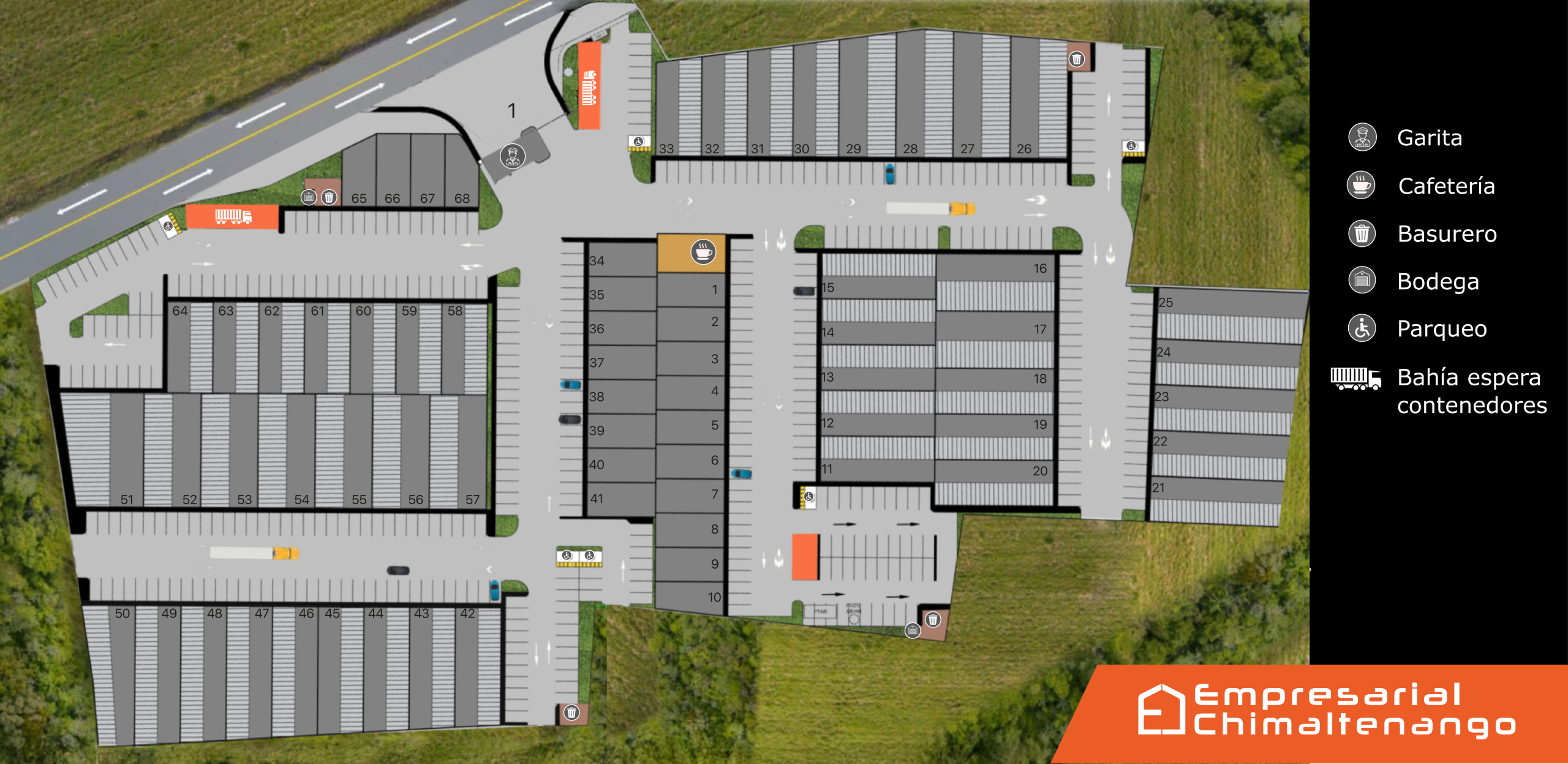 Aerial view of a parking complex with numbered spaces roads and a right side legend of facilities including garita cafetería basurero bodega and parqueo